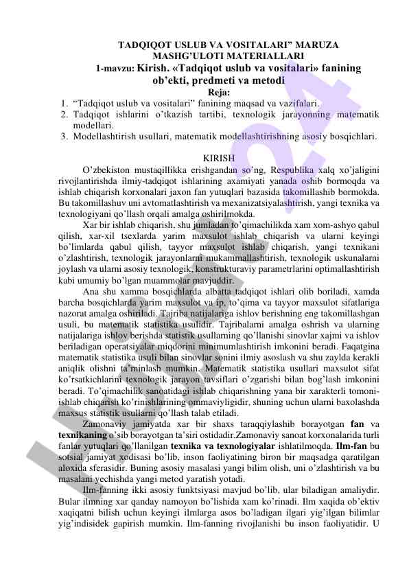 Tadqiqot usul va vositalari maruza materiallari