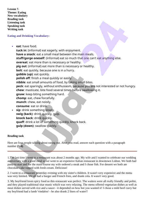 Lesson 7 eating and drinking vocabulary activities