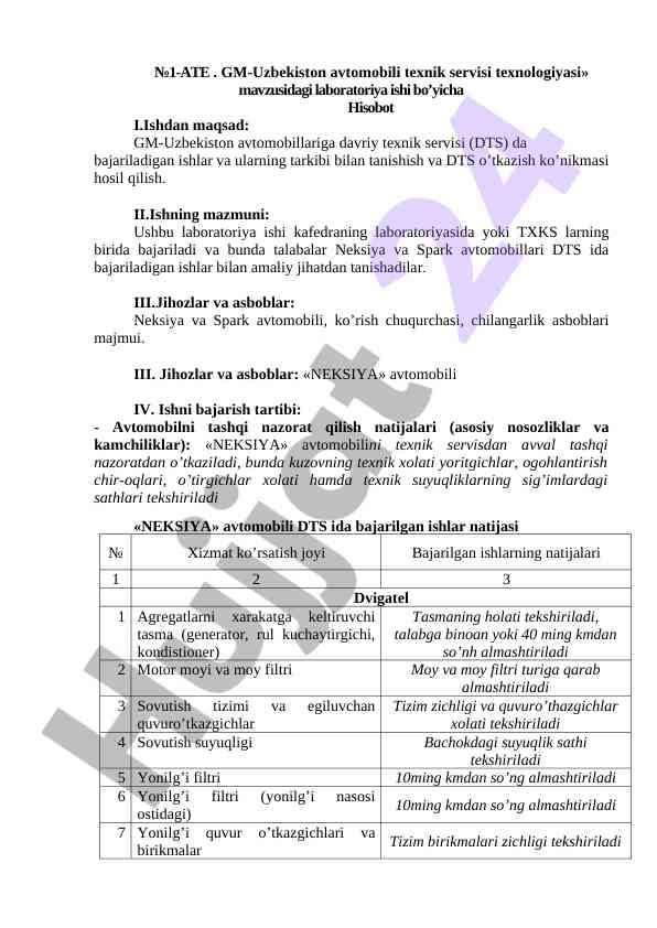 Gm-uzbekiston avtomobili texnik servisi laboratoriya ishlari