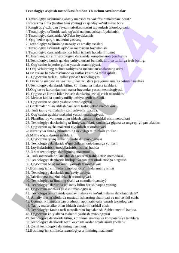 Texnologiya o‘qitish metodikasi savolnomalari