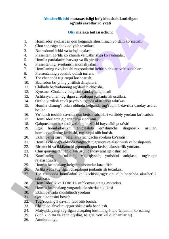 Homilador ayollar uchun akusherlik savollar ro'yxati