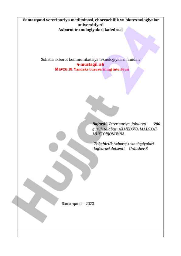 Yandeks brauzerining interfeysi haqida mustaqil ish