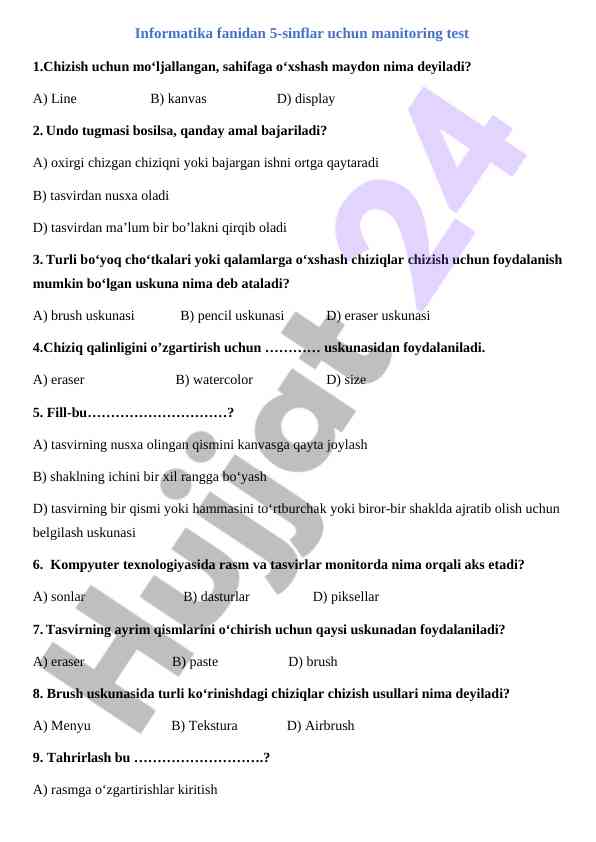 Informatika fanidan 5-sinflar uchun manitoring test
