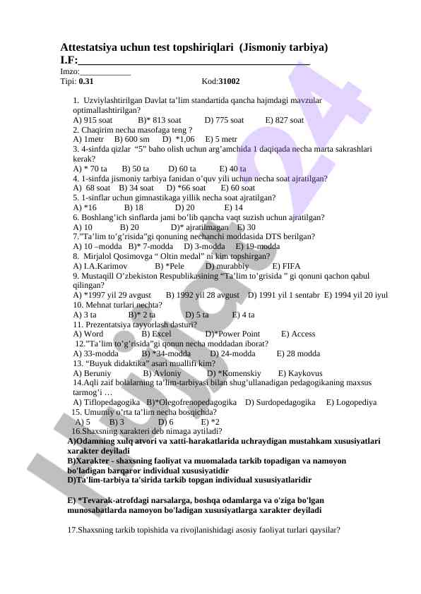 Attestatsiya uchun test topshiriqlari jismoniy tarbiya