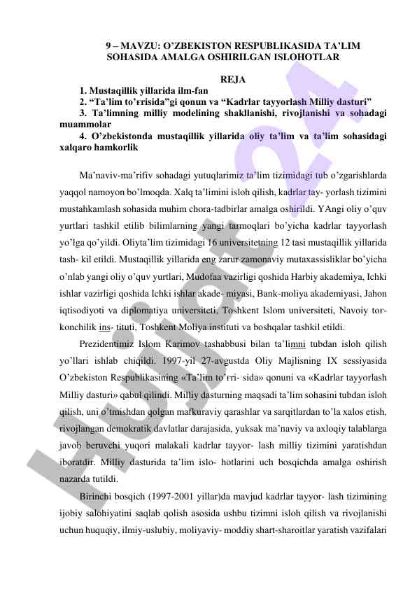 O‘zbekiston respublikasi ta’lim sohasidagi islohotlar