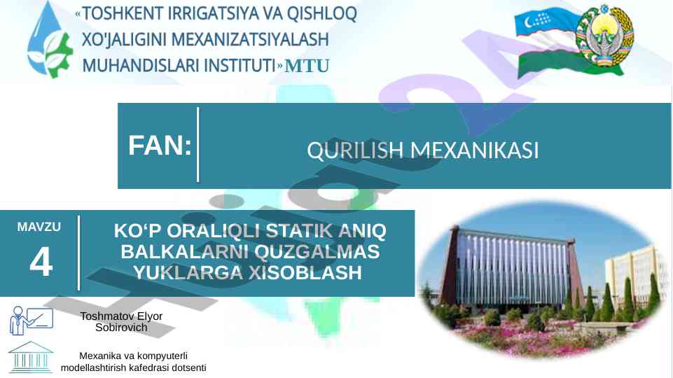 Ko‘p oraliqli statik aniq balkalarni hisoblash