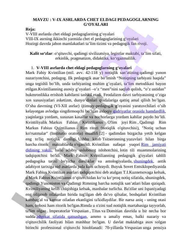 Chet elt pedagoglarining g‘oyalari v-ix asrlarda