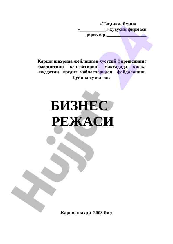 Kredit mablag‘lardan foydalanish biznes rejasi