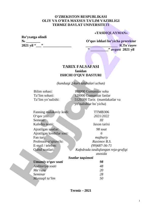 Tarix falsafasi fanidan ishchi o‘quv dasturi
