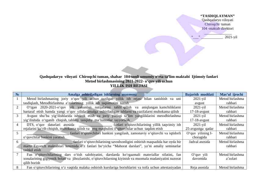 Yillik ish rejasi ijtimoiy fanlar metod birlashmasi