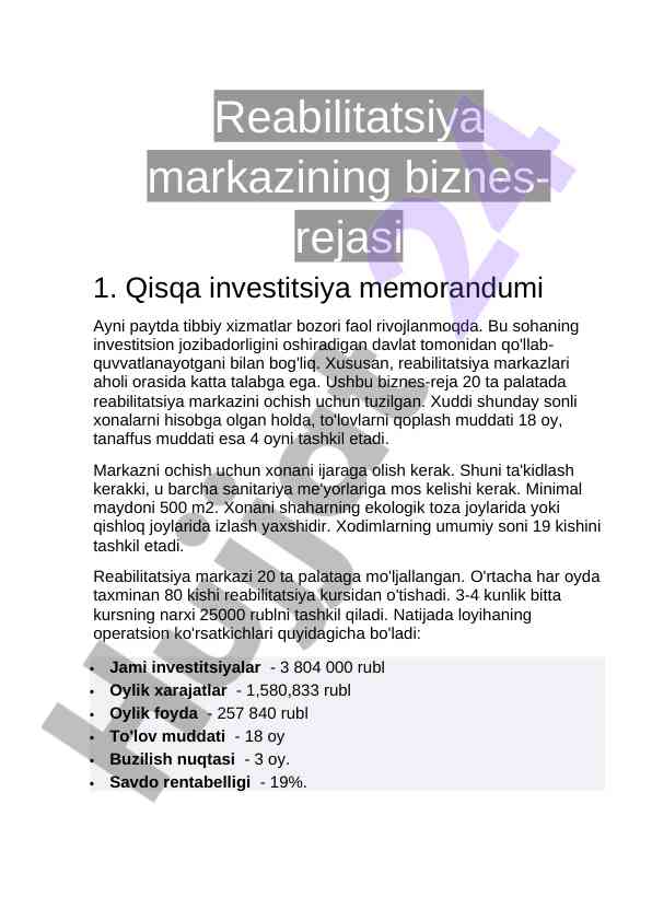 Reabilitatsiya markazi uchun biznes-reja ta'rifi