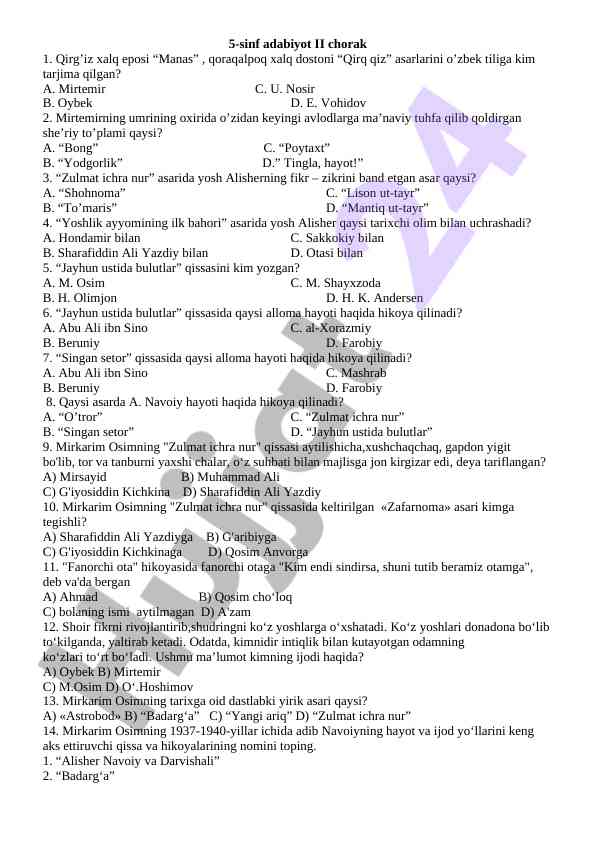 5-sinf adabiyot ii chorak savollari