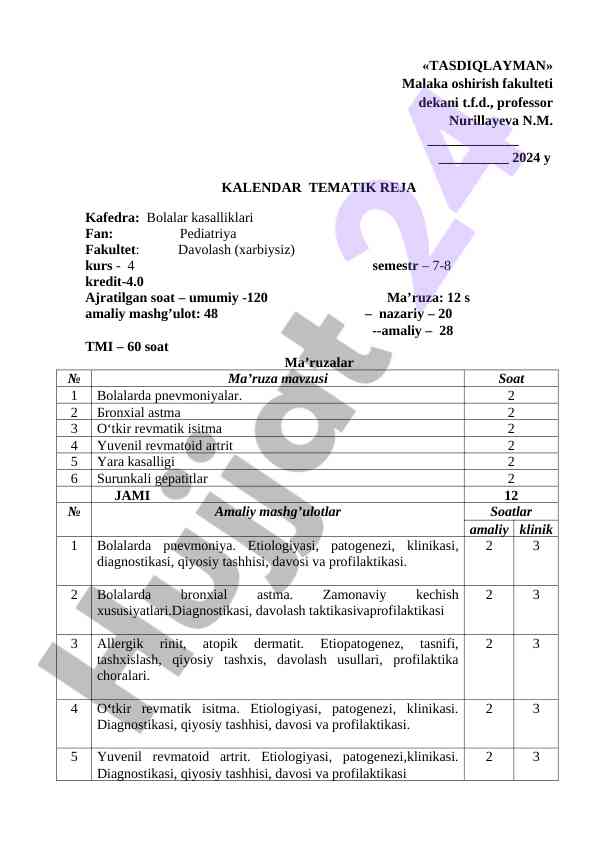 Kalendar tematik reja va pediatriya fanlari