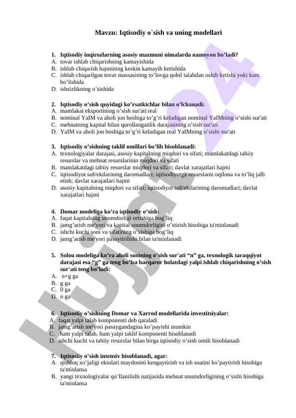 Iqtisodiy o‘sish va uning modellari