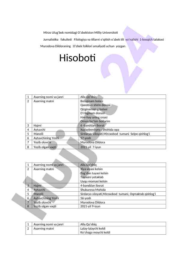 O'zbek folklori amaliyoti tahlili hisoboti
