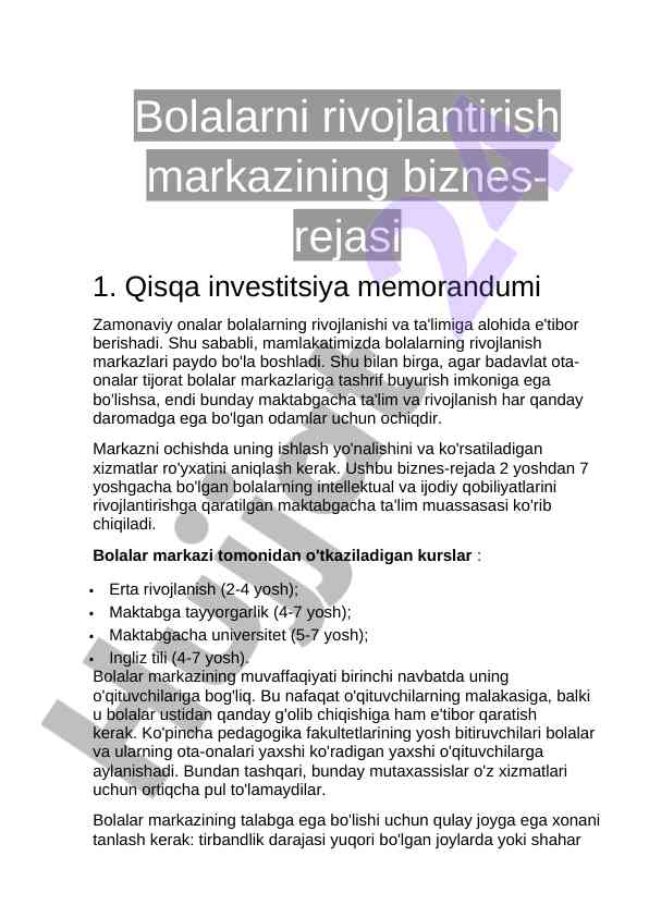 Bolalarni rivojlantirish markazining biznes-rejasi
