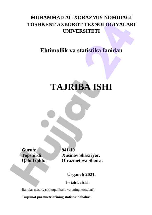 Ehtimollik va statistika fanidan tajriba ishi