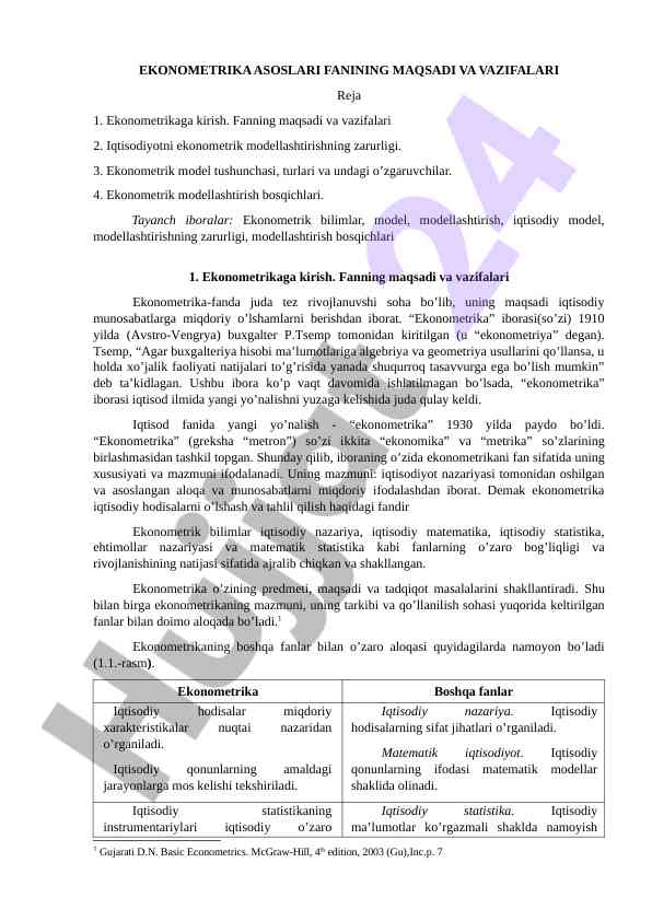Ekonometrika asoslari fani maqsadi va vazifalari