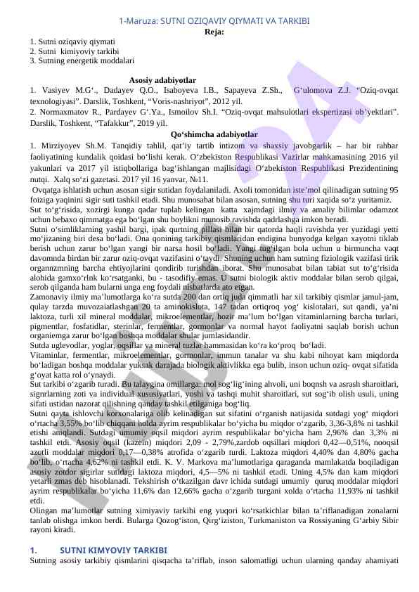 Sutni oziqaviy qiymati va tarkibi o‘quv darsligi