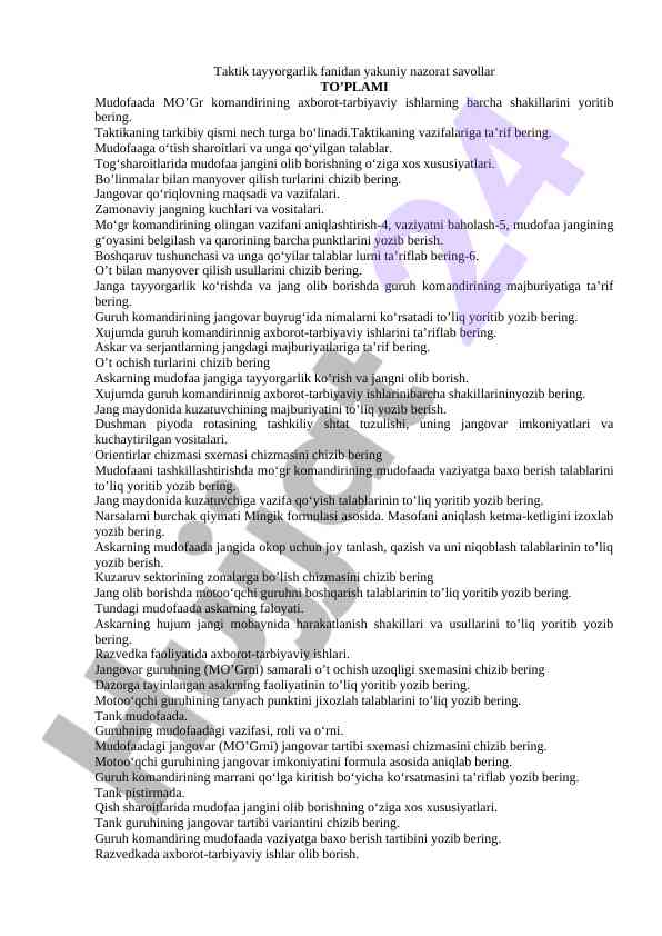Taktik tayyorlash fanidan yakuniy nazorat savollari