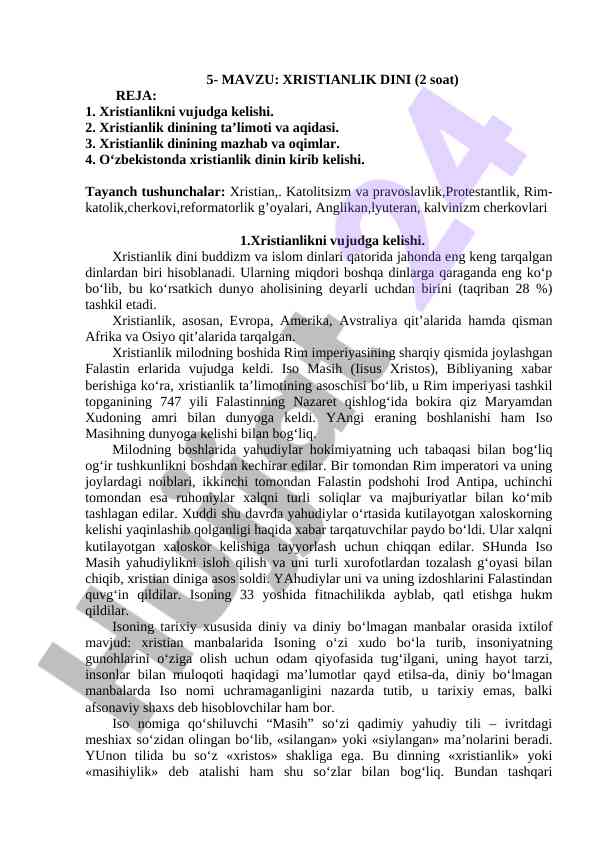 Xristianlik dinining tarixi va o‘zbekistondagi o‘rni