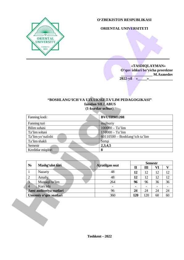 Boshlang‘ich va uzluksiz ta’lim pedagogikasi sillabusi