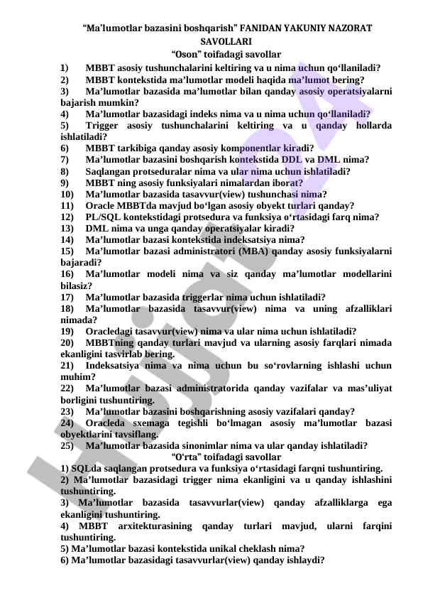 Ma’lumotlar bazasi boshqarish test savollari