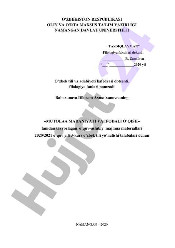 Mutolaa madaniyati va ifodali o'qish o'quv materiallari