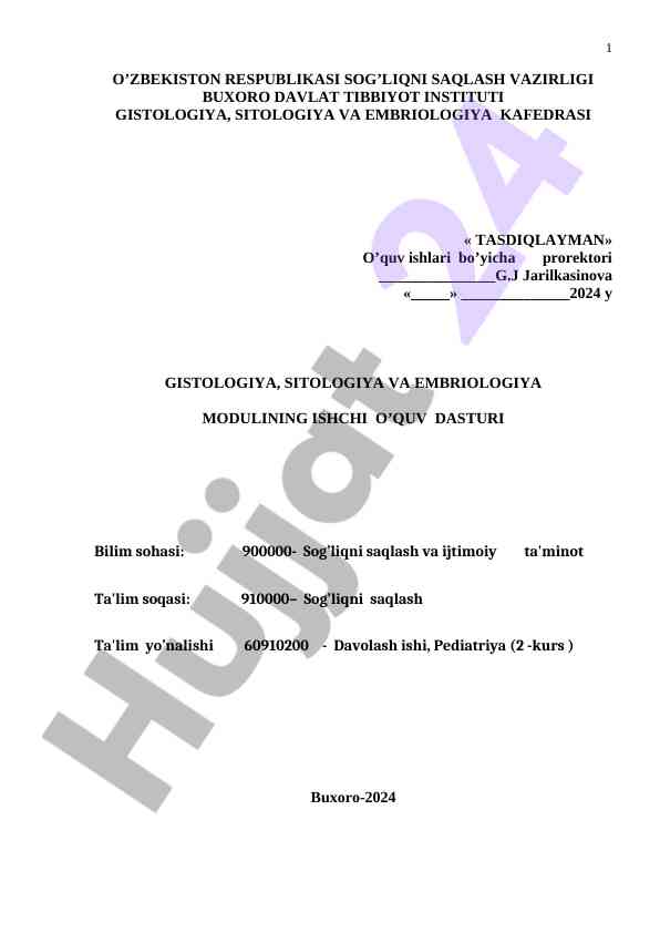 Gistologiya, sitologiya va embriologiya mavzusida o‘quv dasturi
