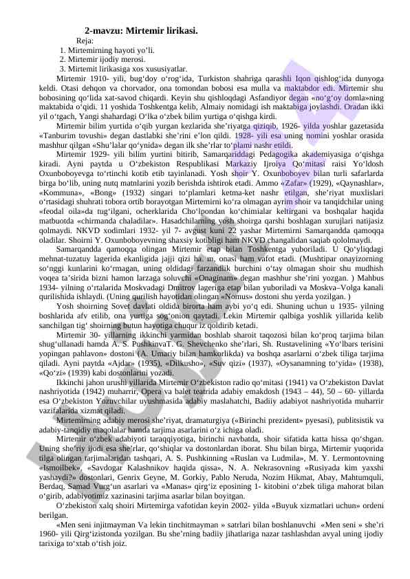 Mirtemir lirikasi va uning hayoti