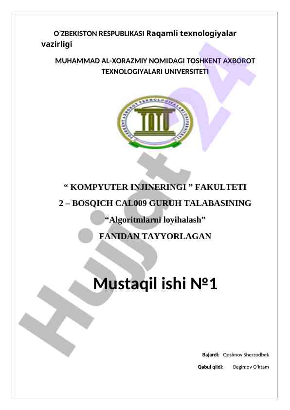 Algoritmlarni loyihalash bo'yicha mustaqil ish