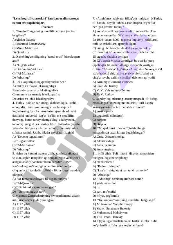 Leksikografiya asoslari fanidan oraliq nazorat testlari