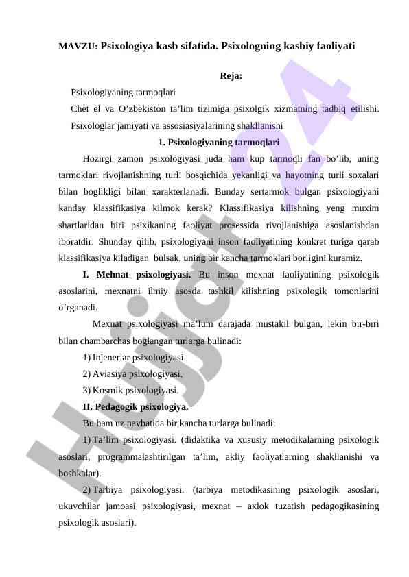Psixologiya kasb sifatida va tarmoqlari