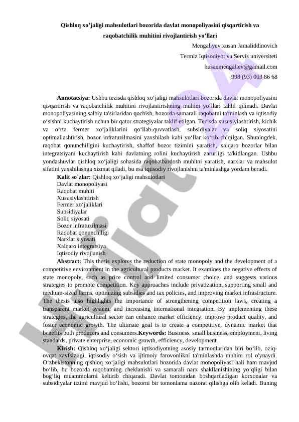 Qishloq Xo‘jaligi Mahsulotlari Bozorida Raqobat