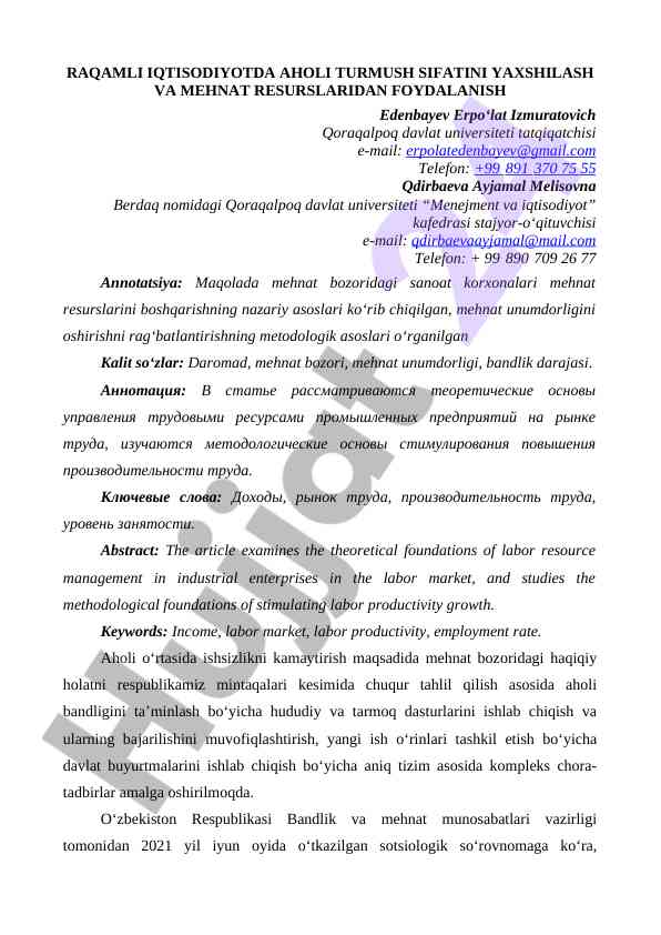 Raqamli iqtisodiyotda aholi turmush sifatini yaxshilash