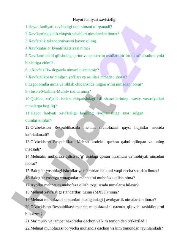 Hayot faoliyati xavfsizligi bo‘yicha kuzatishlar