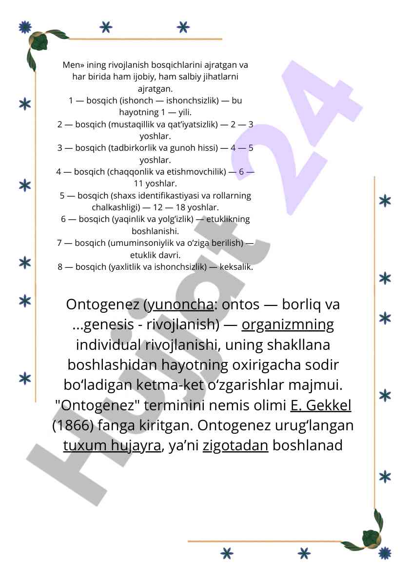 Ontogenez rivojlanish bosqichlari tahlili