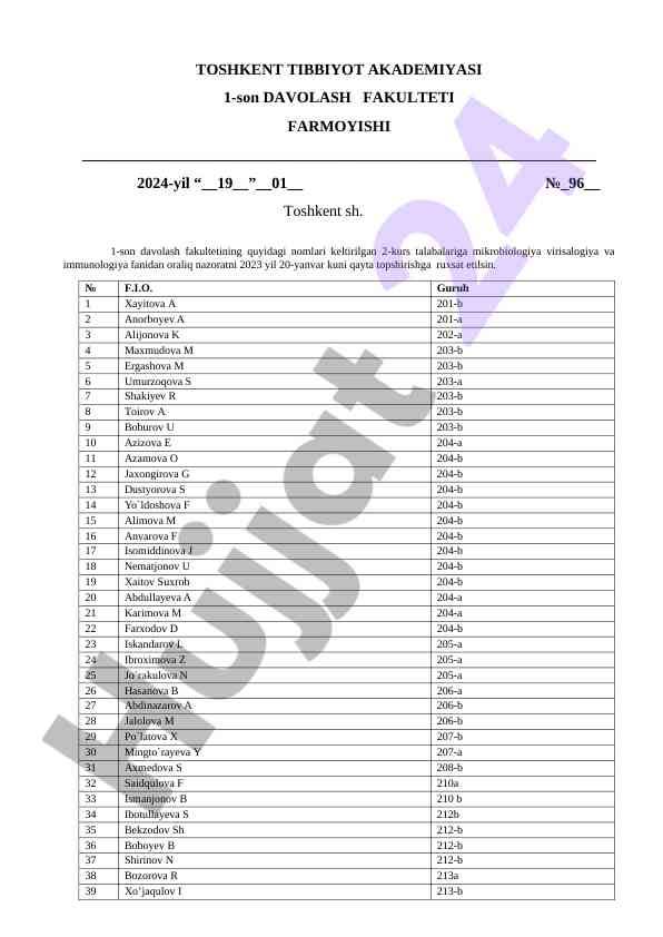 Mikrobiologiya va immunologiya darsiga nazorat