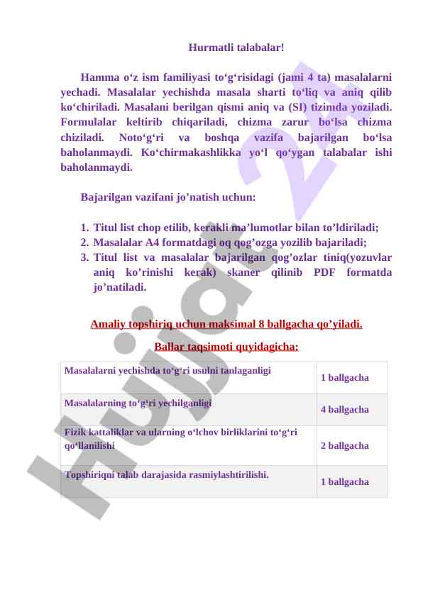 Masalalar yechtirish bo‘yicha amalga o‘tkazish qo‘llanmasi