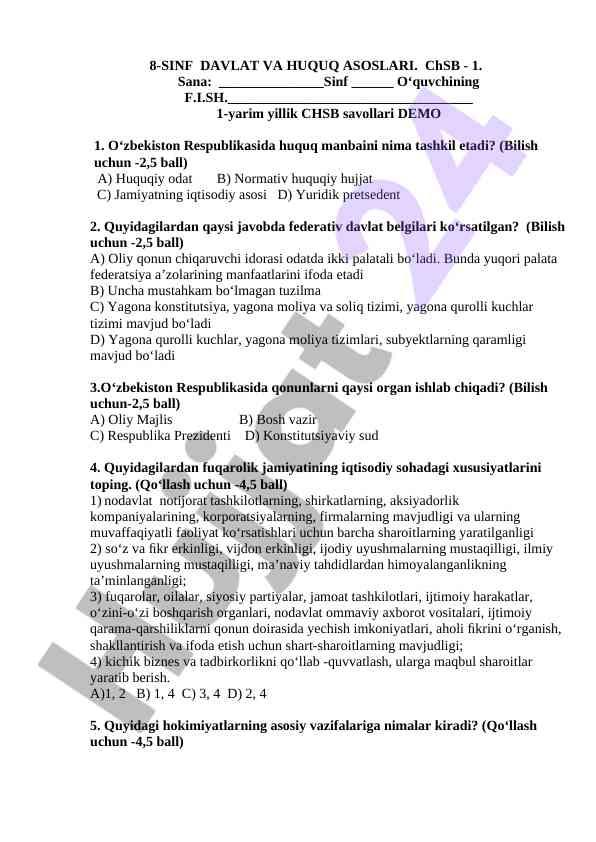 8-sinf davlat va huquq asoslari test savollari