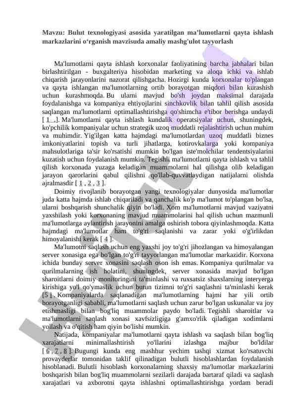 Bulut texnologiyalari asosida ma’lumotlarni qayta ishlash
