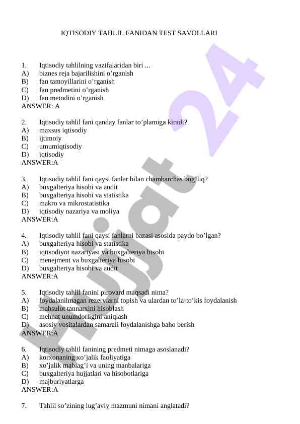 Iqtisodiy tahlil fanidan test savollari