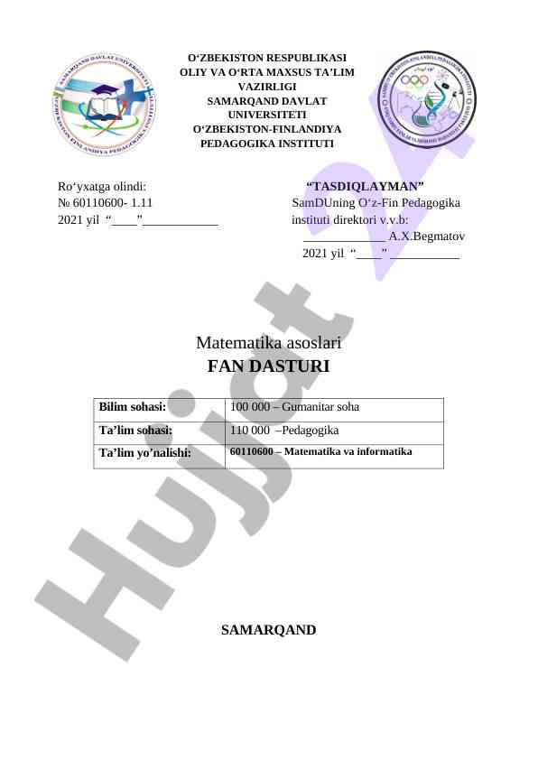 Matematika asoslari fan dasturi ta'lim rejasi