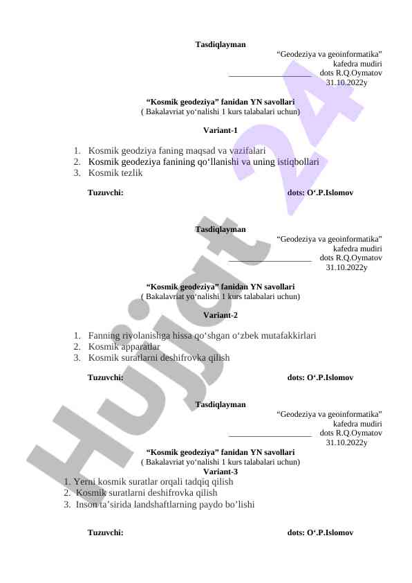 Kosmik geodeziya fanidan yn savollari