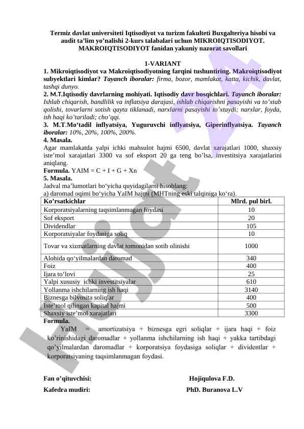 Mikroiqtisodiyot va makroiqtisodiyot yakuniy nazorat