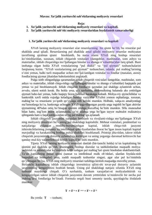 Xo‘jalik yurituvchi sub’ektlarning moliyaviy resurslari