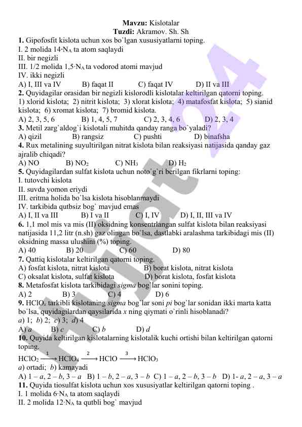 Kislotalar haqida test savollari