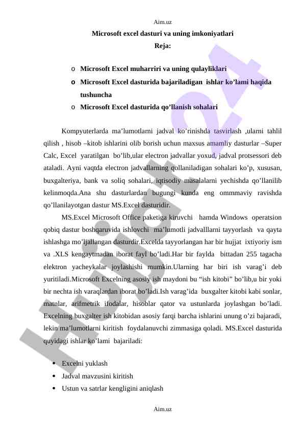 Microsoft excel dasturi va uning imkoniyatlari