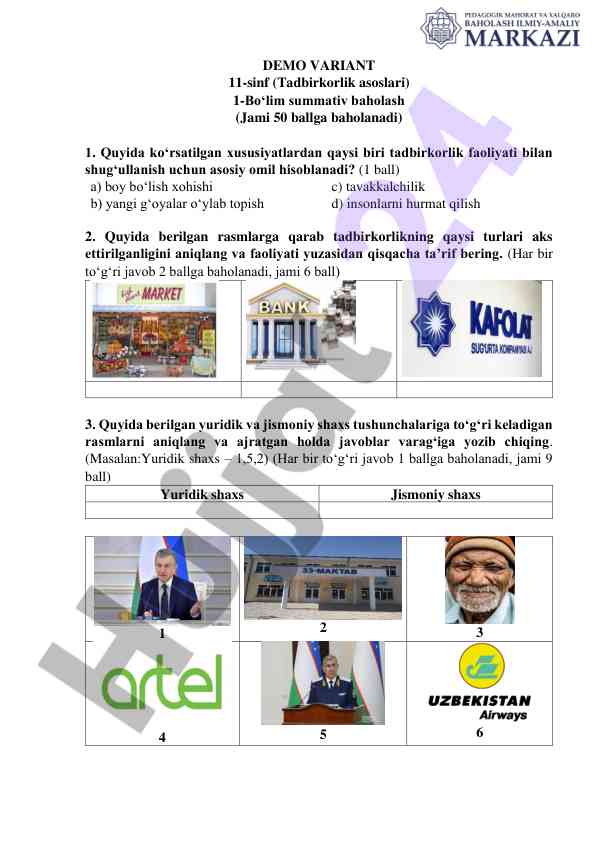 Tadbirkorlik faoliyati bo‘yicha savollar