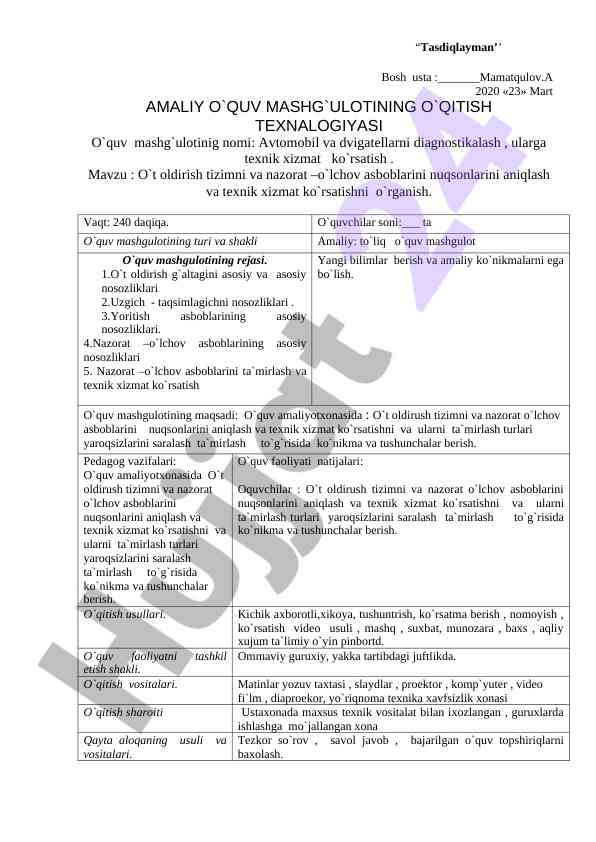 Oqtish texnalogiyasi avtomobil diagnostikasi o‘quv rejasi